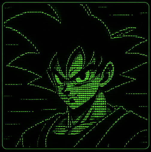 GOKU portrait in green ASCII