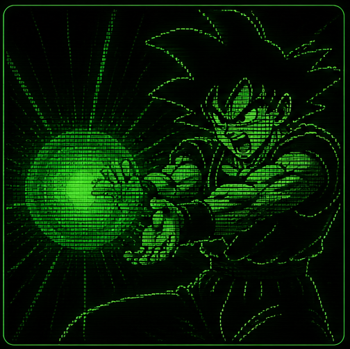 GOKU charging a Kamehameha in green ASCII