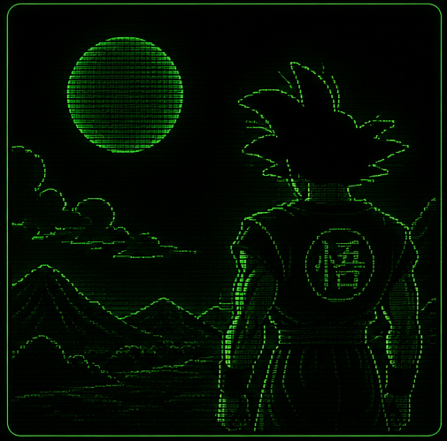 GOKU beneath the moon in green ASCII