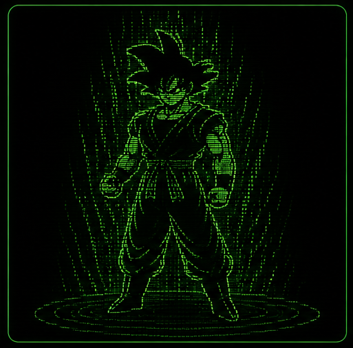 GOKU standing, powering up in green ASCII
